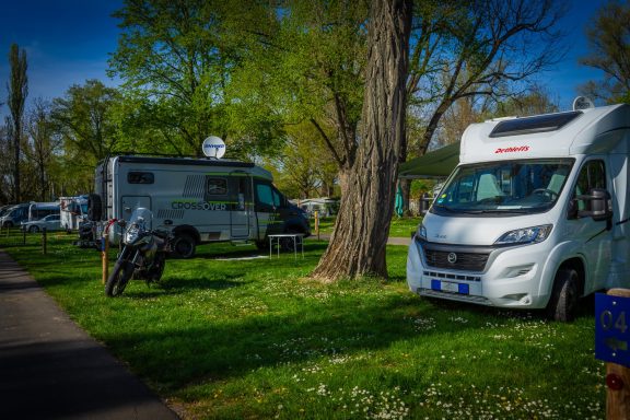 Stellplätze Wohnmobile stehen auf einem grünen Campingplatz unter Bäumen.