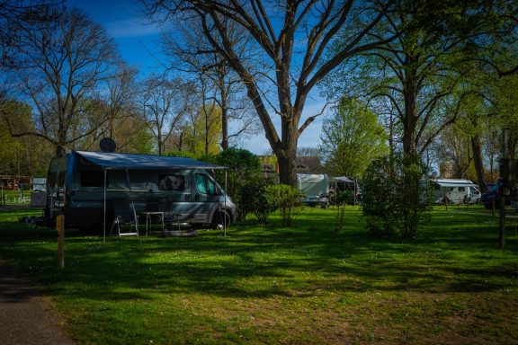 Stellplätze Wohnmobile stehen auf einem Campingplatz umgeben von Bäumen und grüner Wiese.